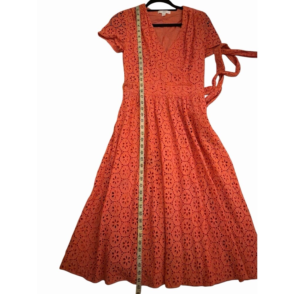 1901 Eyelet Lace Midi Dress Coral Orange Wrap Style Short Sleeve size 6 - Picture 7 of 9